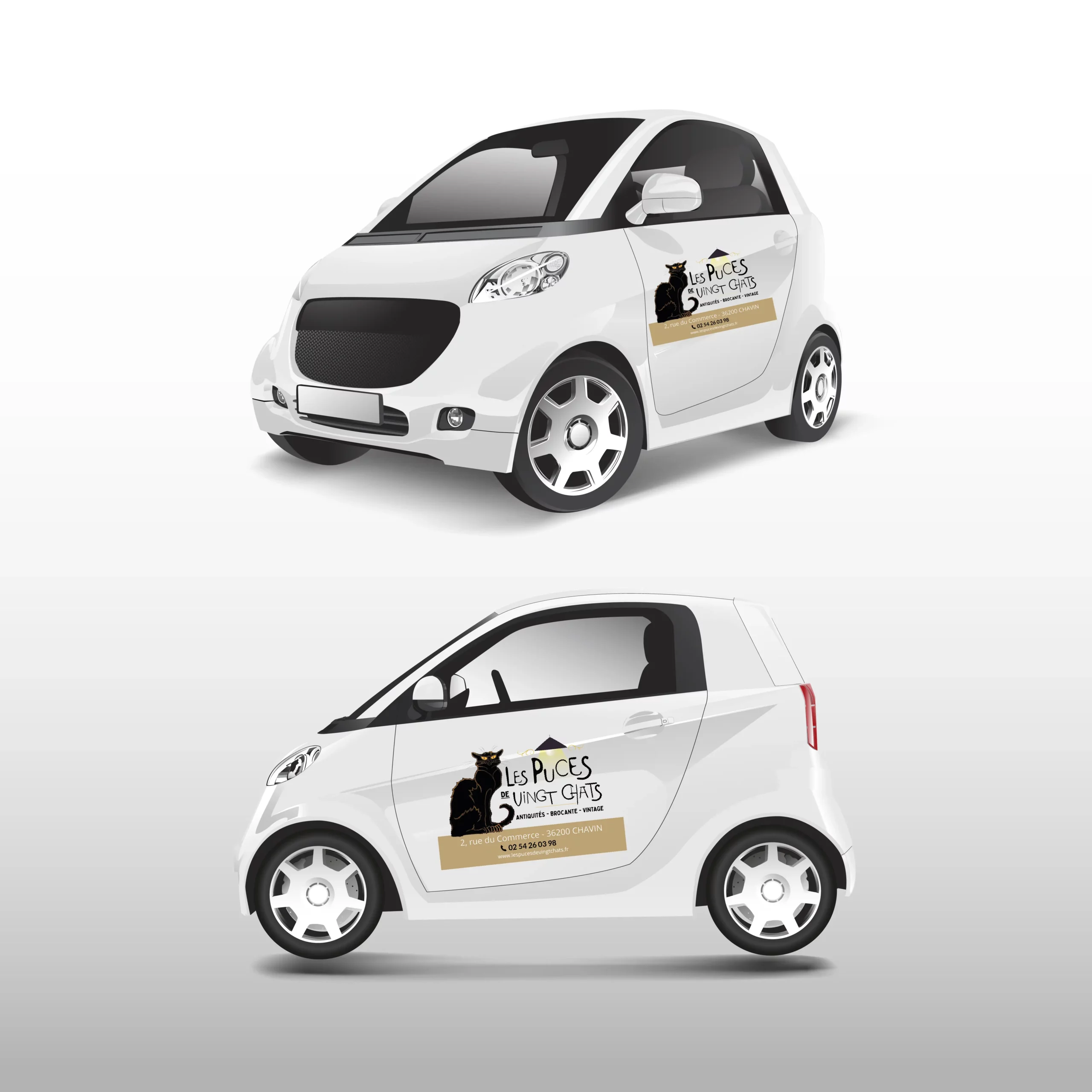 Conception graphique par Nexphasis d'un marquage publicitaire sur véhicule : maquette de panneaux magnétiques amovibles posés sur les portières d'une voiture blanche pour la boutique Les Puces de Vingt Chats.