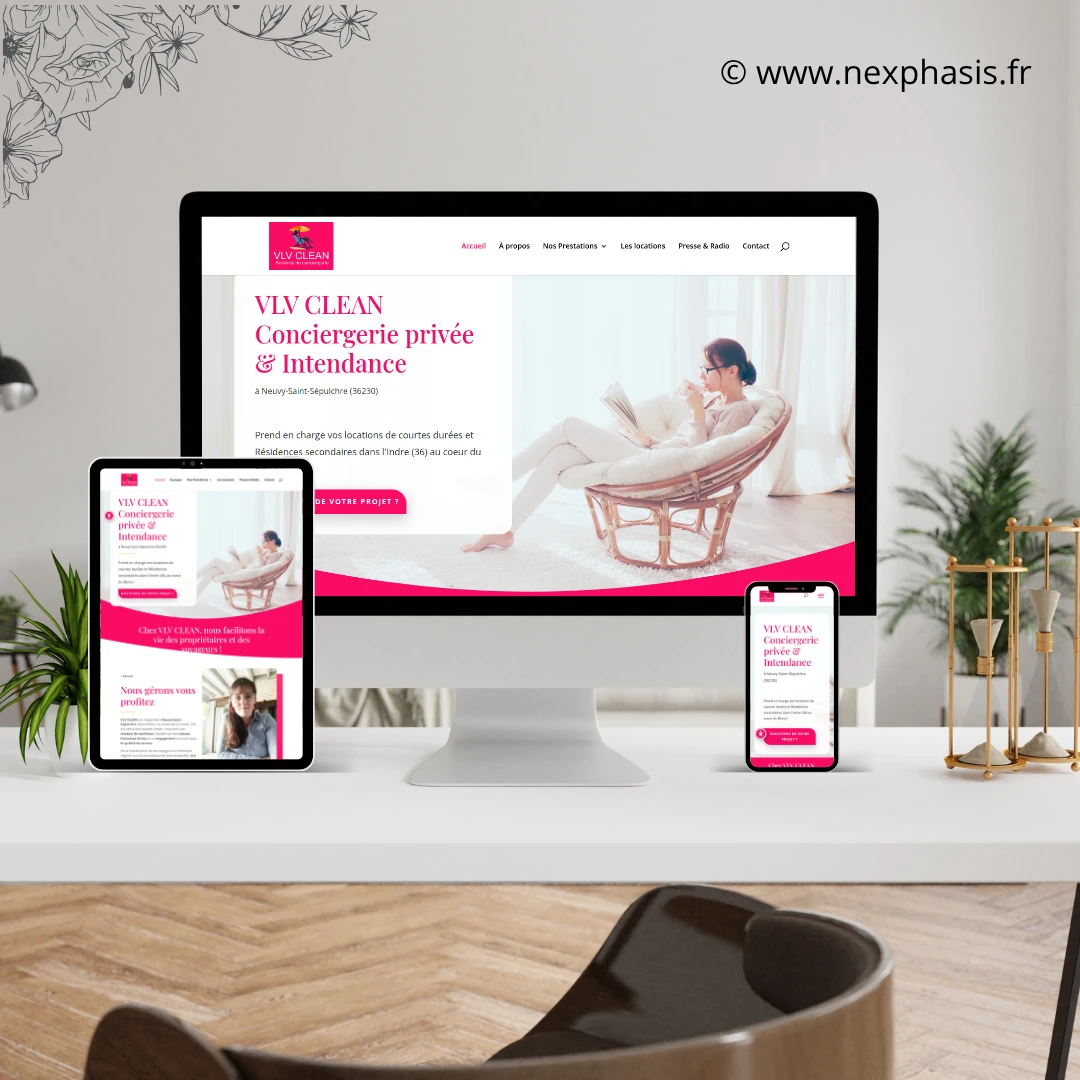 Mockup du site web VLV Clean créé par Nexphasis : design responsive sur ordinateur, tablette et smartphone.